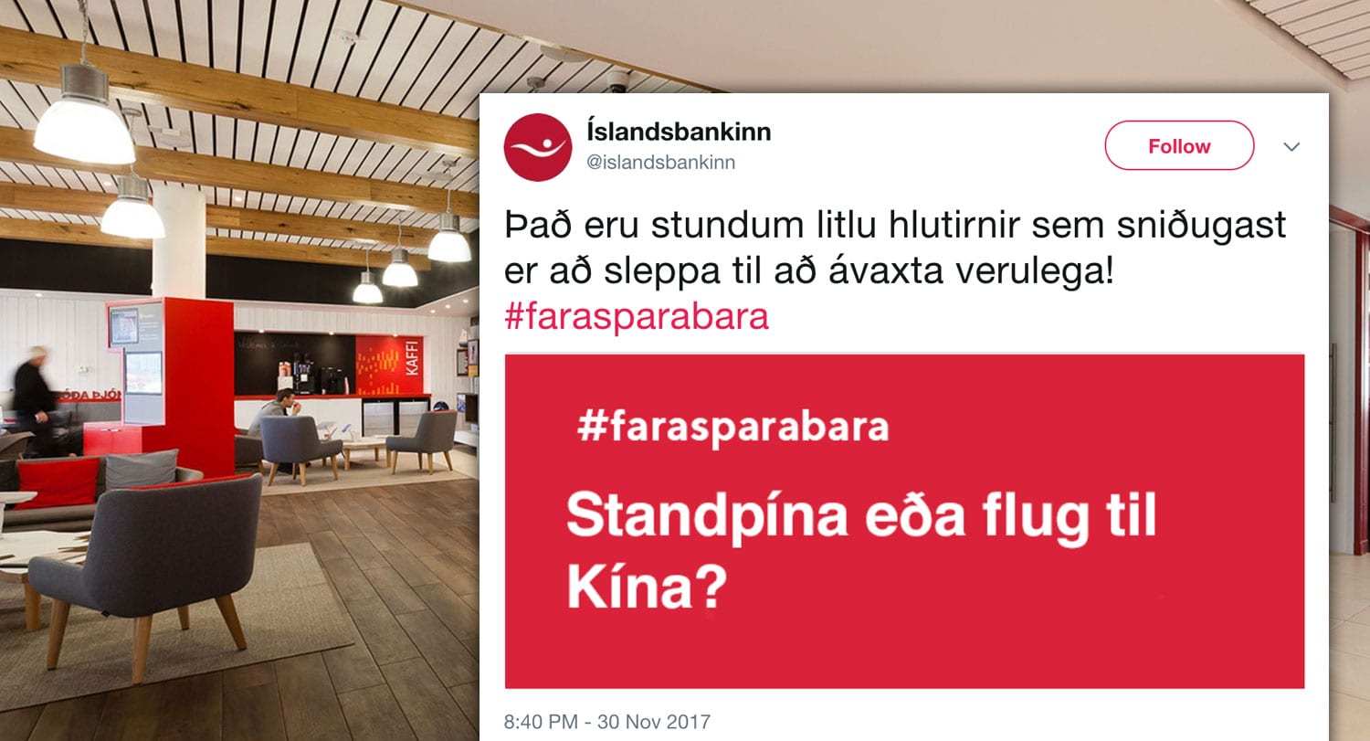 Óprúttinn spéfugl með kolsvartan húmor í nafni Íslandsbanka á Twitter: „Pokatott eða kanilgott?“