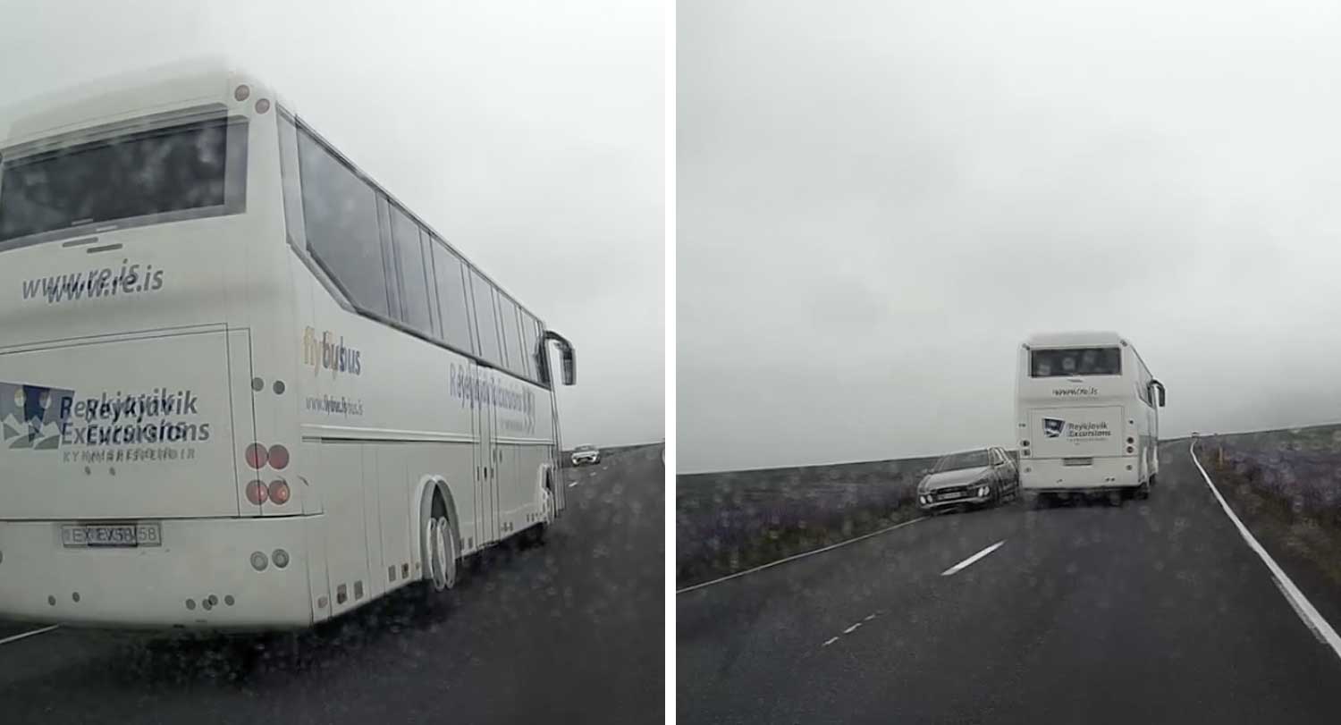 Myndband sýnir glæfralegan framúrakstur rútu við Hjörleifshöfða