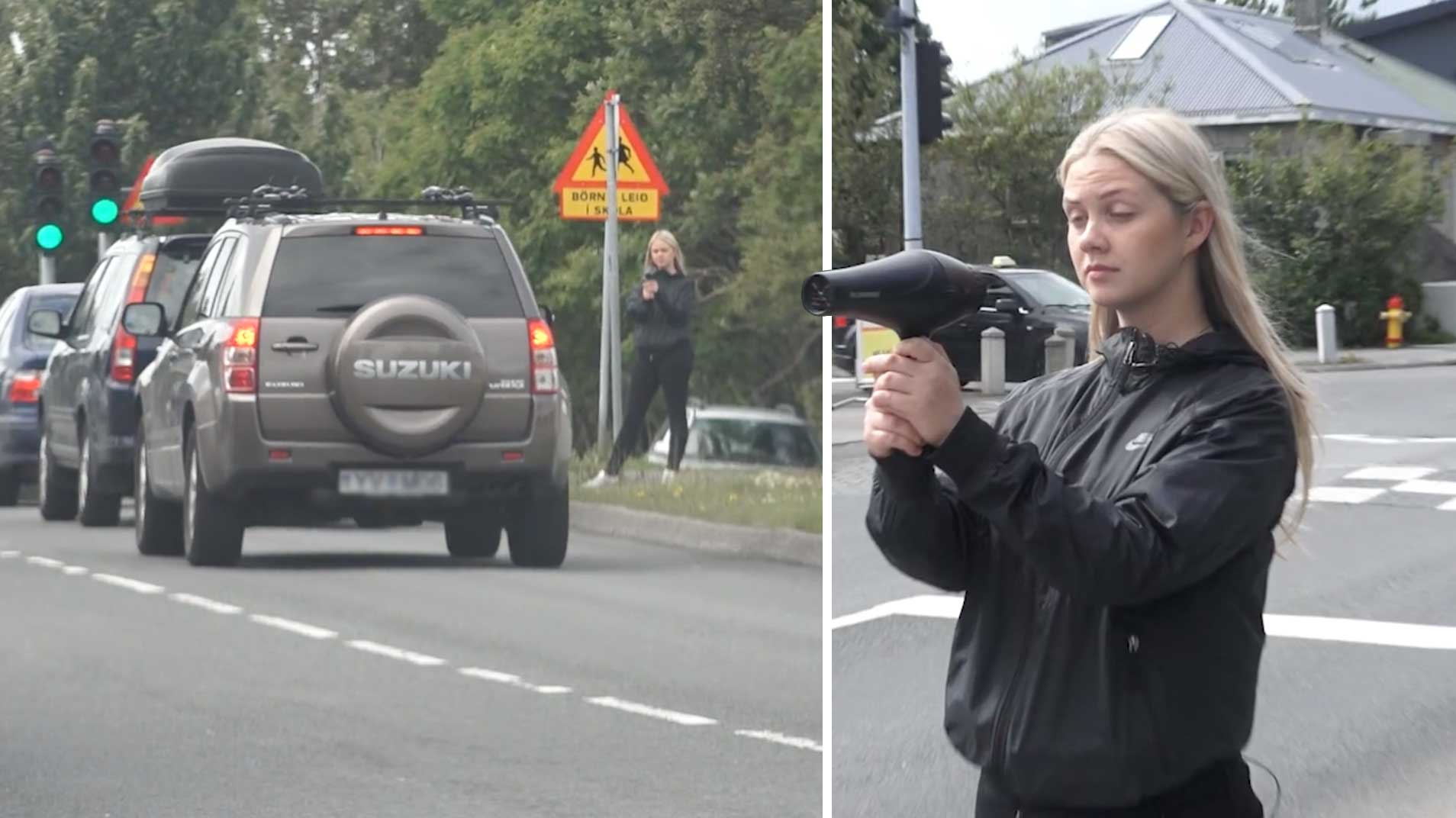 Er hægt að hægja á bílaumferð í Reykjavík með hárblásara? Sjáðu myndbandið