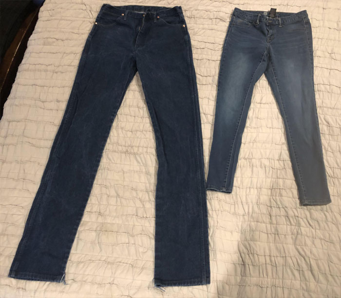 My Jeans vs. My Wife’s Jeans. I’m 6’ 3”and She’s 5’ 2”
