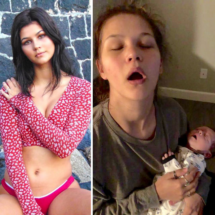From Sex On The Beach To Dead On Her Feet! This Juxtaposition Almost Makes Me Feel Bad, But The Truth Must Be Told! Also, The Baby’s Mouth Is Wide Open Too Omg