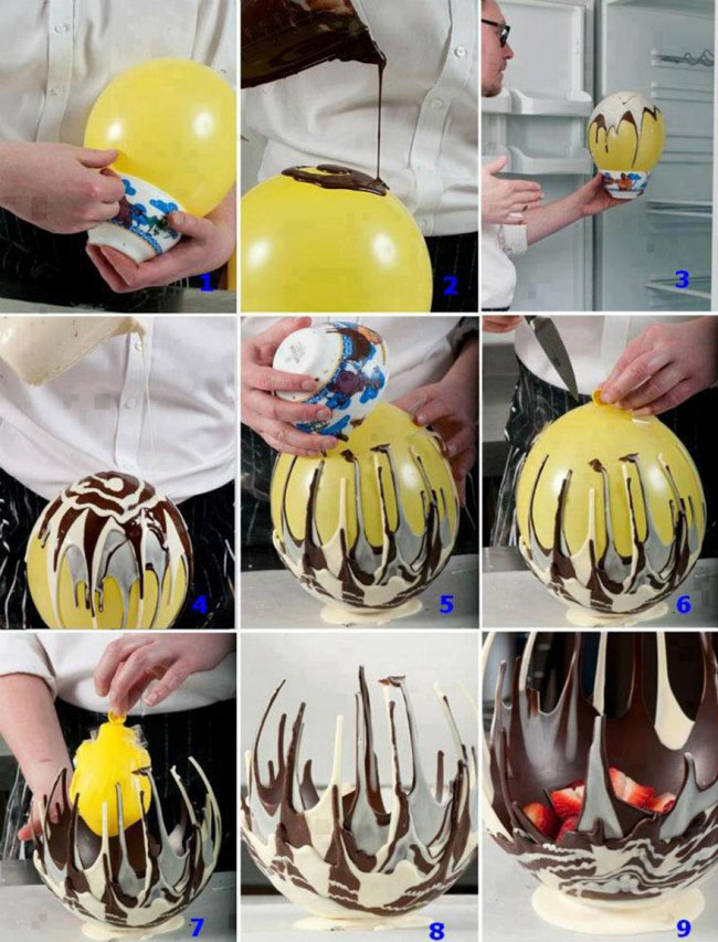 16. Carefully use a balloon and melted chocolate for a fancy, edible bowl.